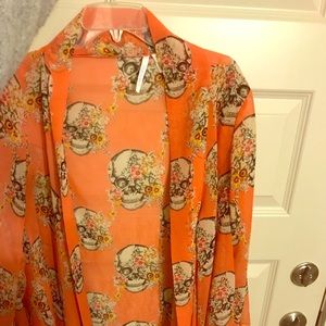 Orange, sheet kimono with skull pattern